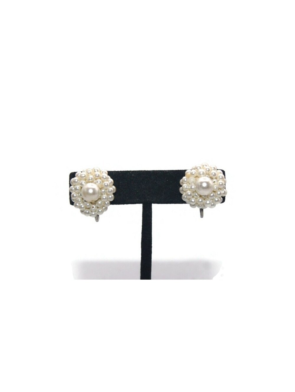 Vintage Silver Tone and Faux Pearls Domed Screw Back Earrings.